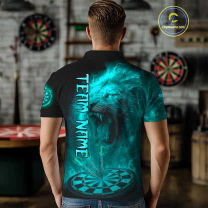 Personalized Turquoise Fire Flame Lion Darts Shirt For Men, Dart League Jersey Polo & 1/4 Zip TDM4680