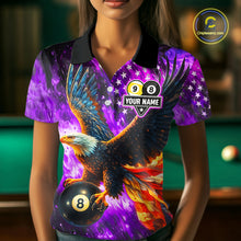 Load image into Gallery viewer, Personalized Purple Flaming US Flag 8 Ball &amp; 9 Ball Eagle Billiard Shirt For Women, Pool Team Jersey TDM4436