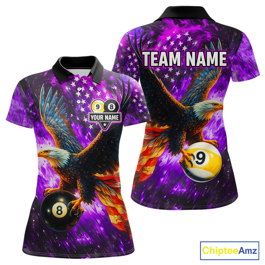 Personalized Purple Flaming US Flag 8 Ball & 9 Ball Eagle Billiard Shirt For Women, Pool Team Jersey TDM4436