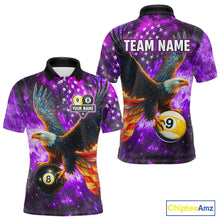 Load image into Gallery viewer, Personalized Purple Flaming US Flag 8 Ball &amp; 9 Ball Eagle Billiard Shirt For Men, Pool Team Jersey TDM4436