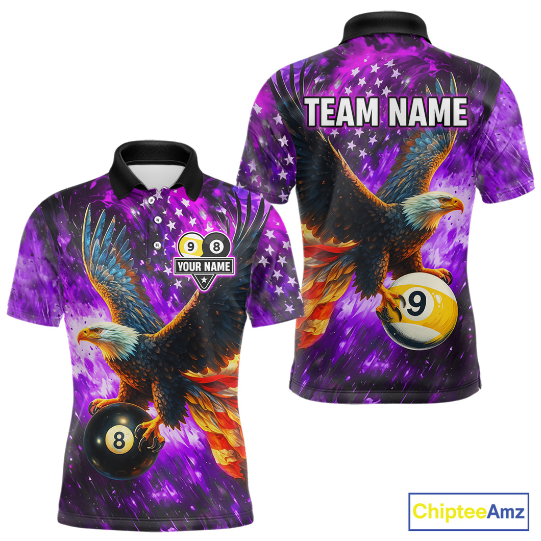 Personalized Purple Flaming US Flag 8 Ball & 9 Ball Eagle Billiard Shirt For Men, Pool Team Jersey TDM4436