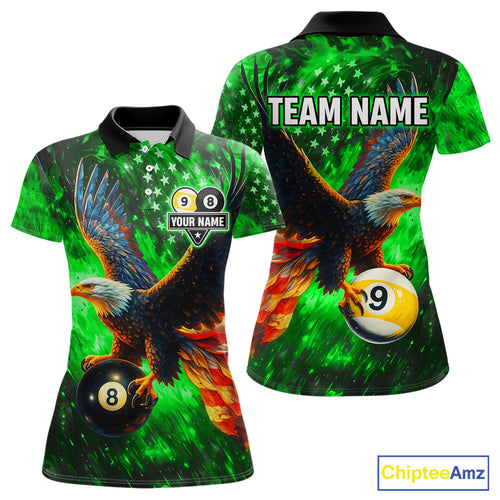 Personalized Green Flaming US Flag 8 Ball & 9 Ball Eagle Billiard Shirt For Women, Pool Team Jersey TDM4437