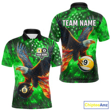 Load image into Gallery viewer, Personalized Green Flaming US Flag 8 Ball &amp; 9 Ball Eagle Billiard Shirt For Men, Pool Team Jersey TDM4437