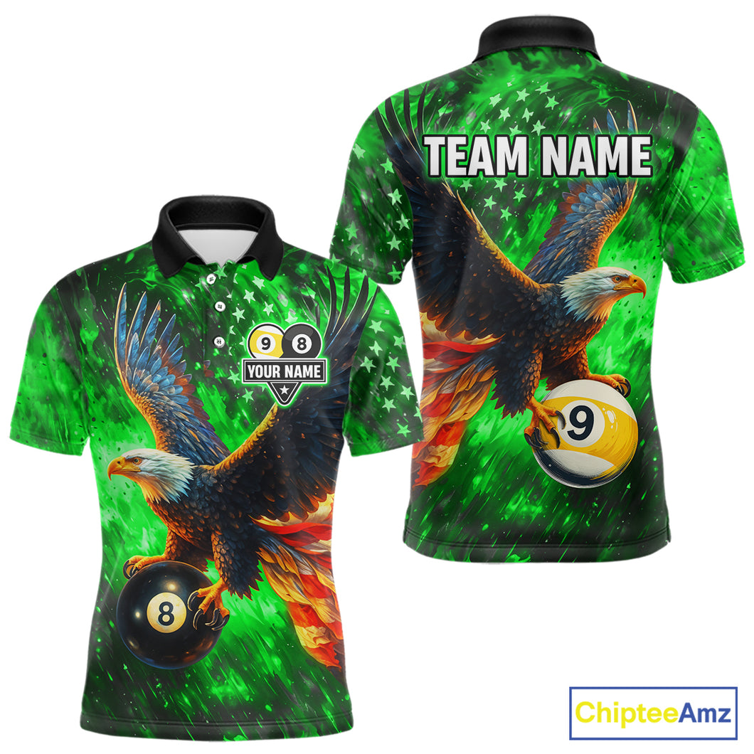 Personalized Green Flaming US Flag 8 Ball & 9 Ball Eagle Billiard Shirt For Men, Pool Team Jersey TDM4437