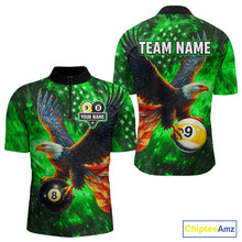Load image into Gallery viewer, Personalized Green Flaming US Flag 8 Ball &amp; 9 Ball Eagle Billiard Shirt For Men, Pool Team Jersey TDM4437