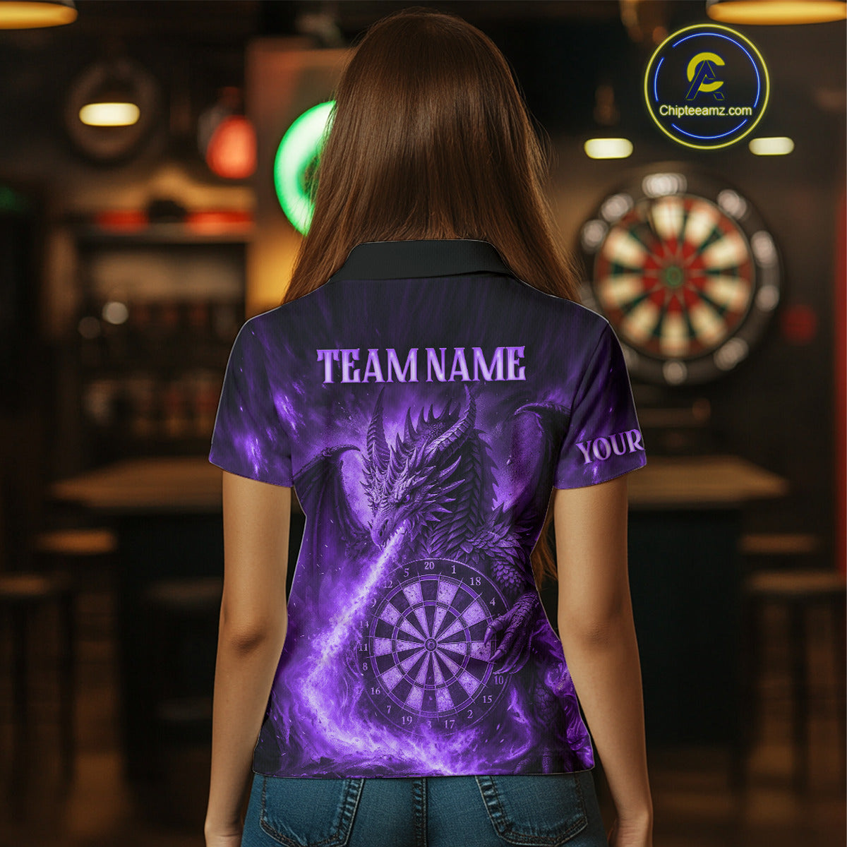 Purple Flaming Dragon Darts Jersey For Women Custom Polo & Quarter Zip Darts League Team Shirt TDM4556