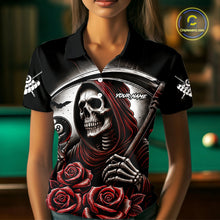Load image into Gallery viewer, Death Skeleton 8 Ball Pool Roses Billiard Shirt For Women Custom Funny Pool Team Shirt Design |Red TDM4235