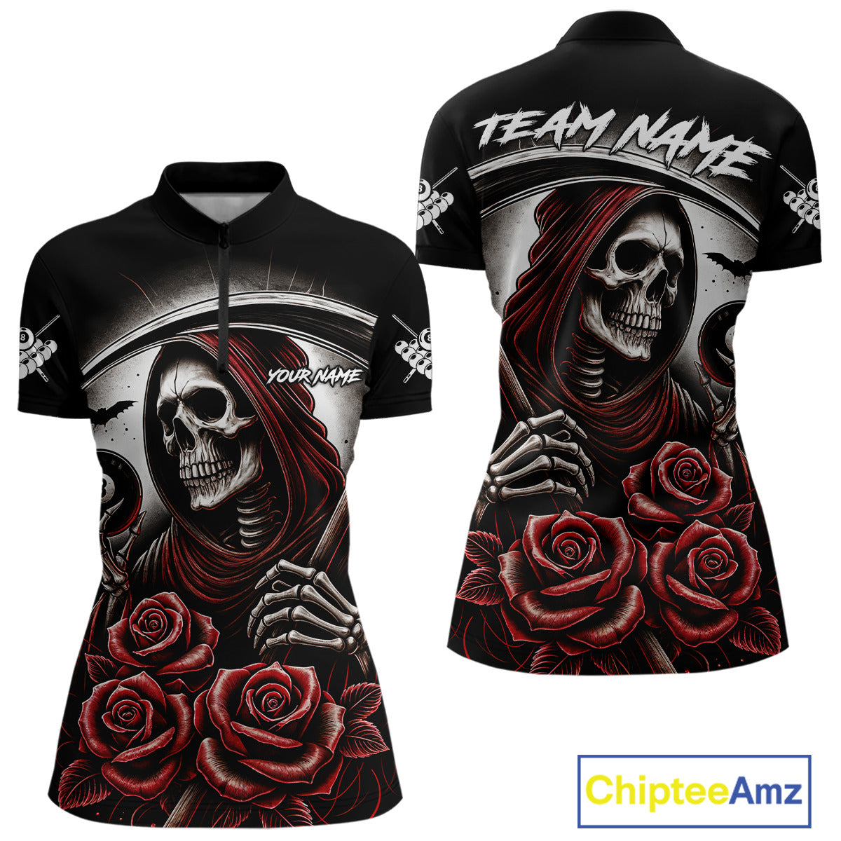 Grim Reaper 8 Ball Pool Roses Billiard Shirt For Women Custom Funny Pool Team Shirt Design |Red TDM4235