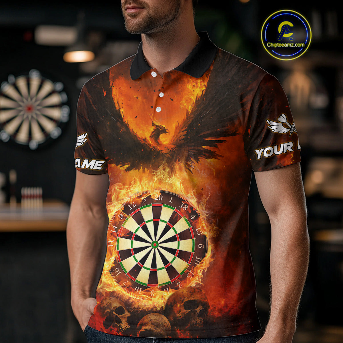 Personalized Orange Flaming Phoenix Darts Shirt For Men, Darts League Jersey Team Polo & 1/4 Zip TDM4490