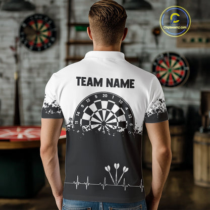 Personalized White Black Heartbeat Darts Shirt For Men Custom Grunge Darts Jersey Polo & 1/4 Zip TDM4530