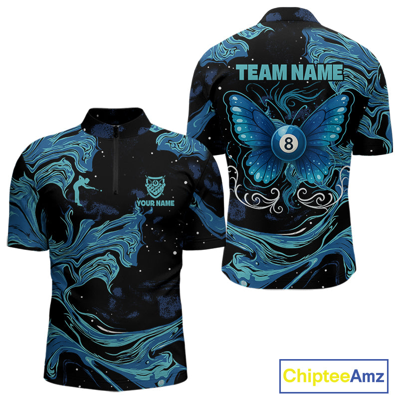 Custom Teal Blue Marble Billiard Shirt For Men, 8 Ball Butterfly Pool Team Jersey Polo & 1/4 Zip TDM4776