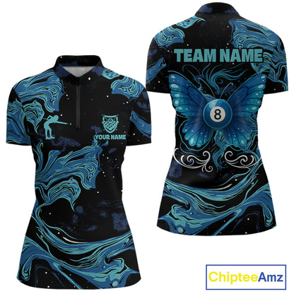Custom Teal Blue Marble Billiard Shirt For Women, 8 Ball Butterfly Pool Team Jersey Polo & 1/4 Zip TDM4776
