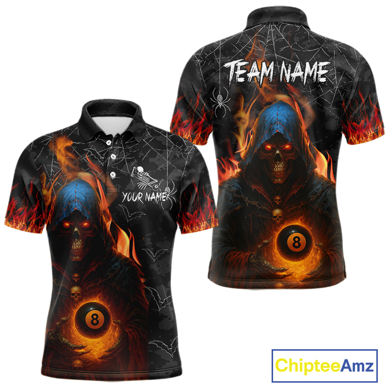 Personalized Flaming Grim Reaper 8 Ball Pool Billiard Shirt For Men, Halloween Billiard Outfit TDM4788