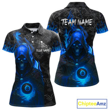 Load image into Gallery viewer, Customized Blue Flaming Grim Reaper 8 Ball Pool Billiard Shirt For Women, Halloween Billiard Outfit TDM4789