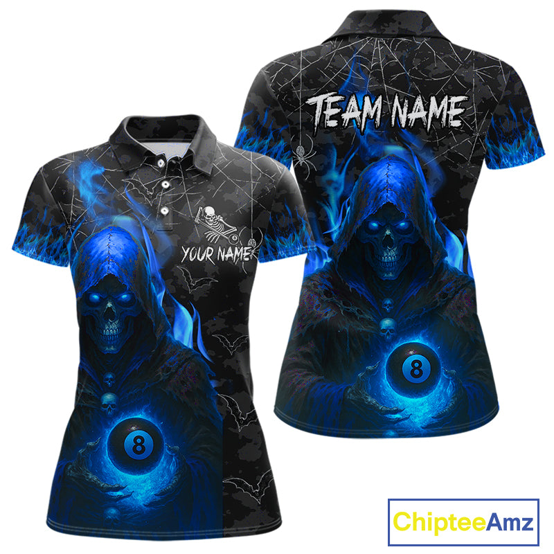 Customized Blue Flaming Grim Reaper 8 Ball Pool Billiard Shirt For Women, Halloween Billiard Outfit TDM4789
