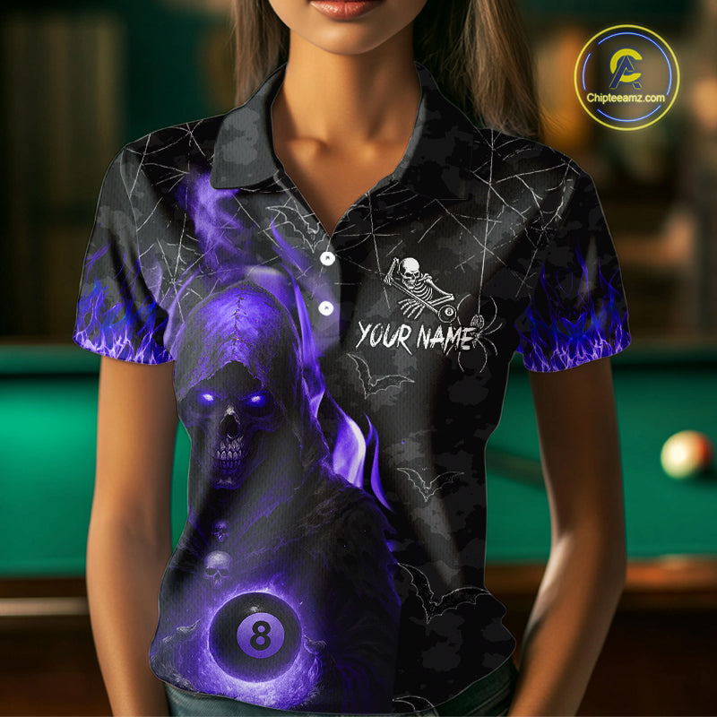Customized Purple Flame Grim Reaper 8 Ball Pool Billiard Shirt For Women, Halloween Billiard Outfit TDM4790