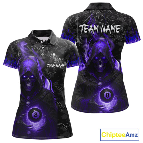 Customized Purple Flame Grim Reaper 8 Ball Pool Billiard Shirt For Women, Halloween Billiard Outfit TDM4790