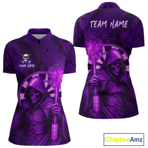 Personalized Purple Grunge Grim Reaper Darts Shirt For Women Custom 3D Darts Jersey Polo & 1/4 Zip TDM4742