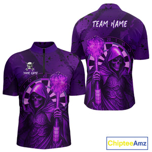 Personalized Purple Grunge Grim Reaper Darts Shirt For Men Custom 3D Darts Jersey Polo & 1/4 Zip TDM4742