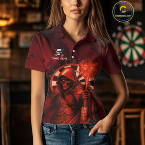 Personalized Red Grunge Grim Reaper Darts Shirt For Women Custom 3D Dart Team Jersey Polo & 1/4 Zip TDM4744