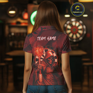 Personalized Red Grunge Grim Reaper Darts Shirt For Women Custom 3D Dart Team Jersey Polo & 1/4 Zip TDM4744