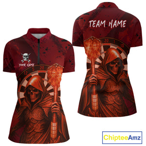 Personalized Red Grunge Grim Reaper Darts Shirt For Women Custom 3D Dart Team Jersey Polo & 1/4 Zip TDM4744