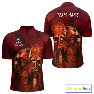 Personalized Red Grunge Grim Reaper Darts Shirt For Men Custom 3D Dart Team Jersey Polo & 1/4 Zip TDM4744
