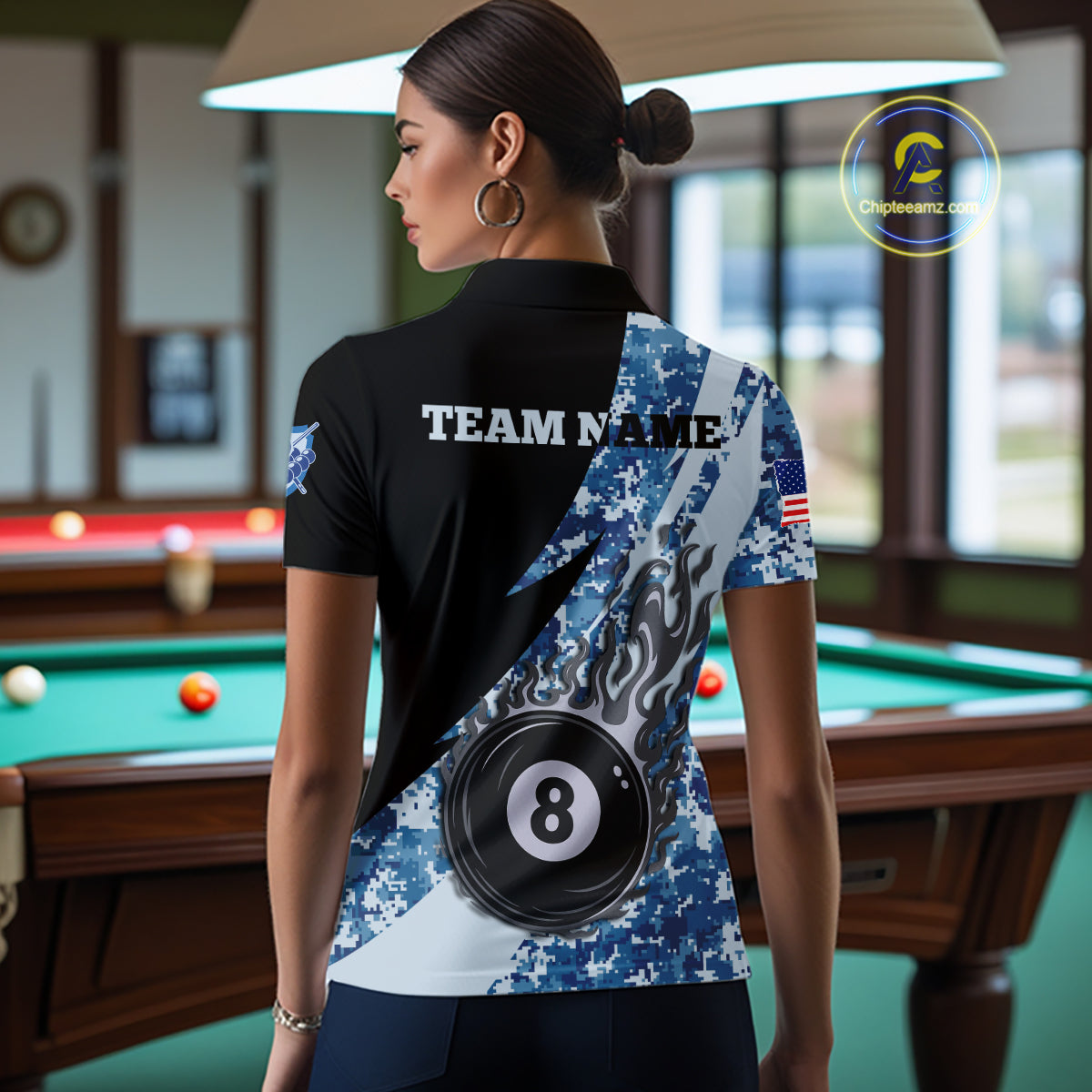 Woman wearing personalized flame 8 ball pool military blue camo billiard polo shirt back view.