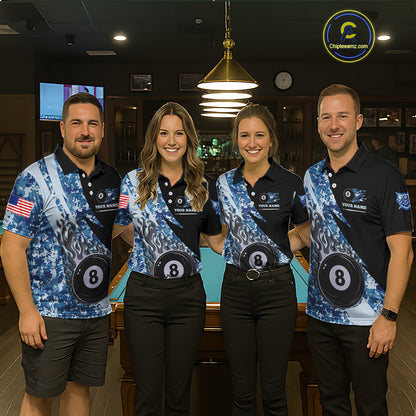 Billiard team wearing matching personalized military blue camo flame 8 ball pool jerseys front view.