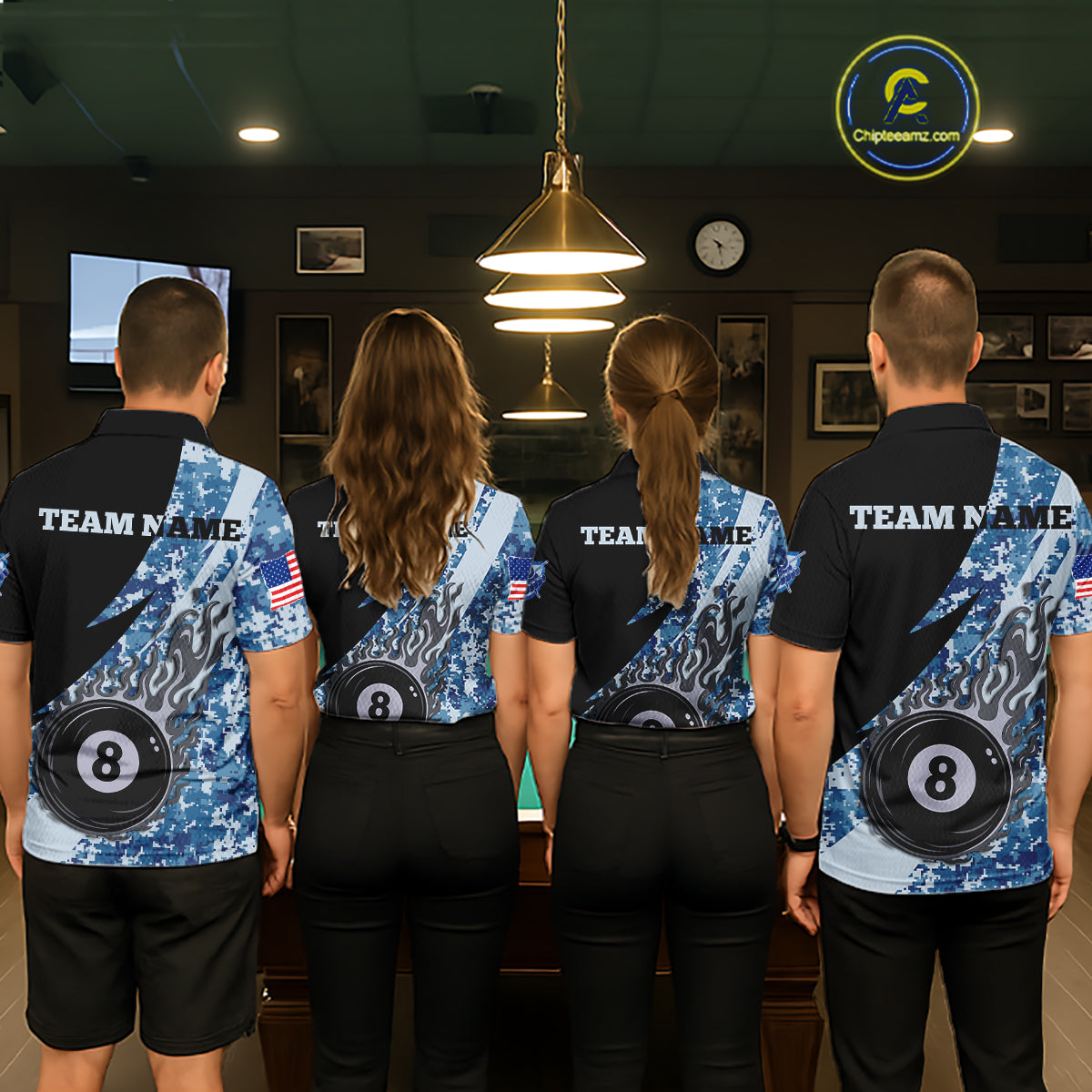 Billiard team wearing matching personalized military blue camo flame 8 ball pool jerseys back view.