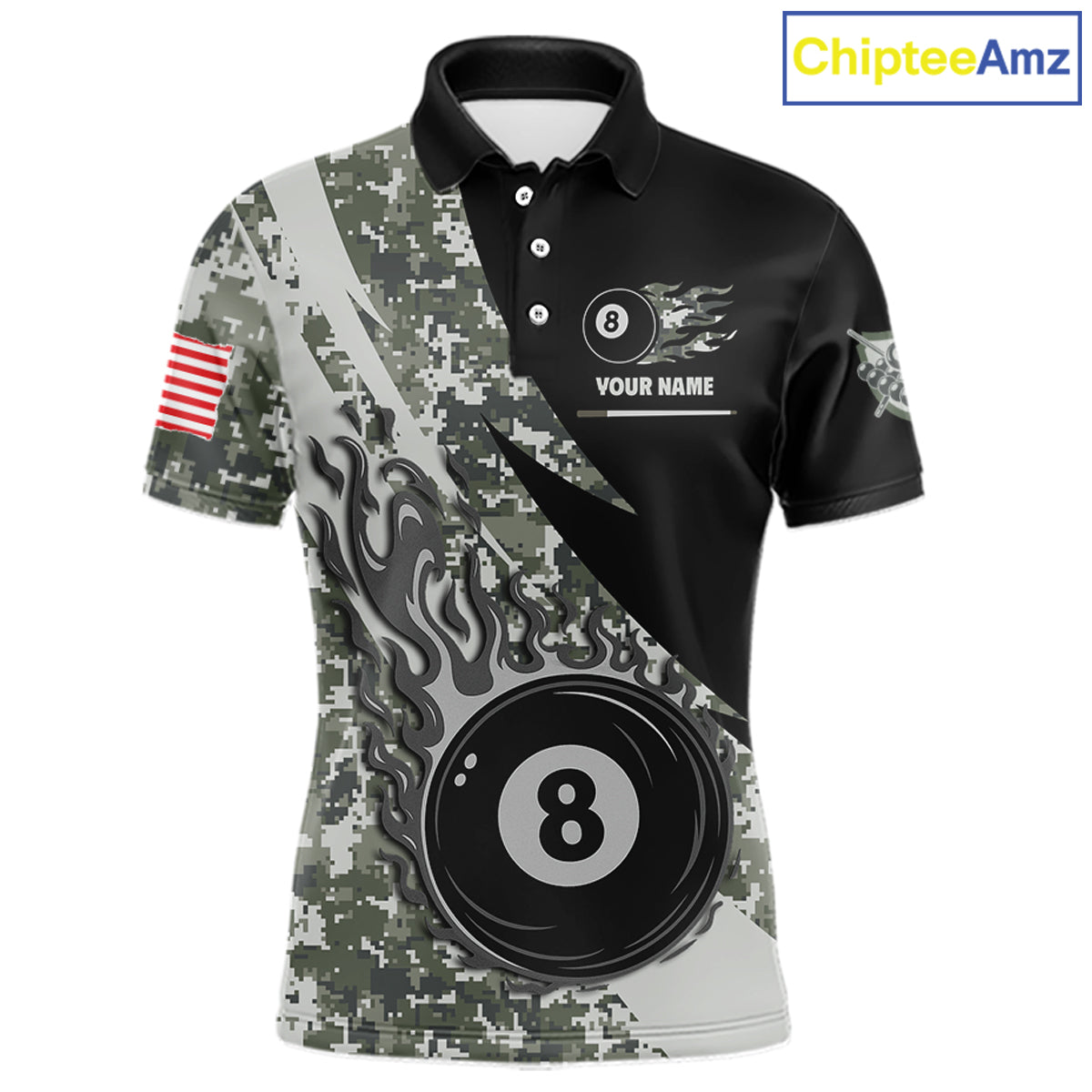 Personalized flame 8 ball pool military grey camo billiard team jersey polo shirt for men, custom pool league apparel and tournament jersey with military camouflage design.