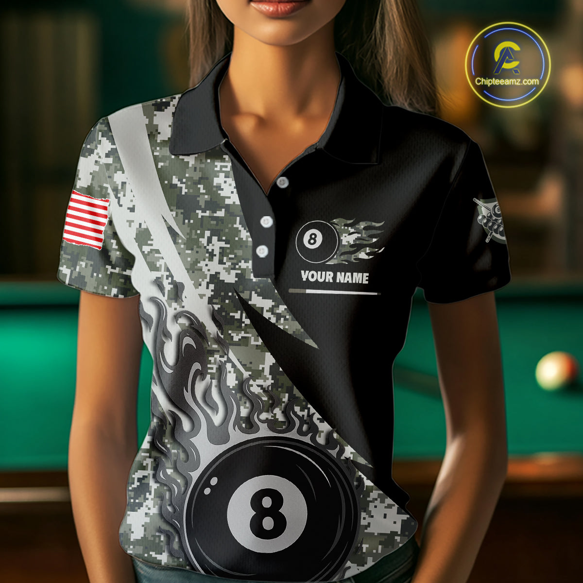 Woman wearing personalized flame 8 ball pool military grey camo billiard polo shirt front view.