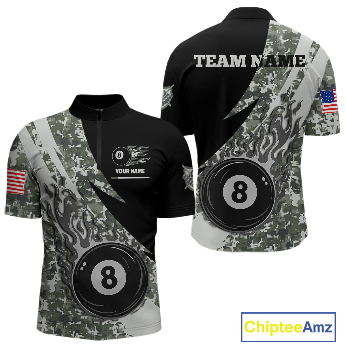 Personalized flame 8 ball pool military grey camo billiard quarter zip shirt for men, custom military camo pool team jersey and league apparel.