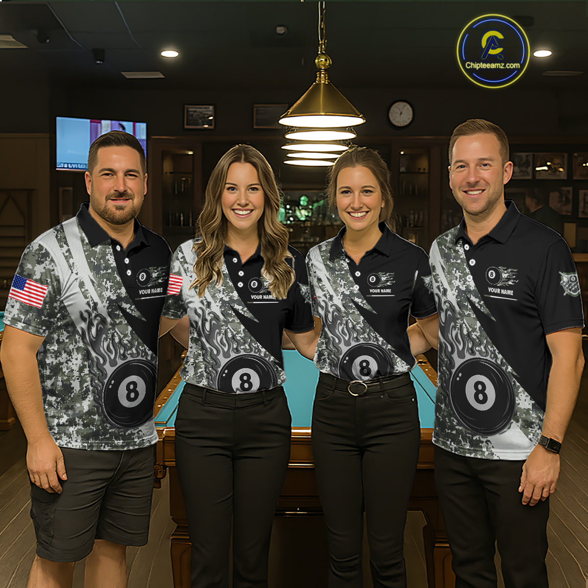 Billiard team wearing matching military grey camo flame 8 ball pool jerseys front view.