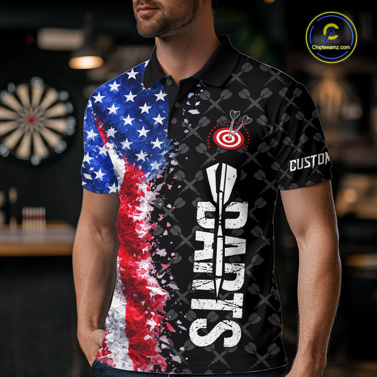 Grunge American Flag Darts Shirt For Men Custom Darts Jersey Pocket Option TDM5890