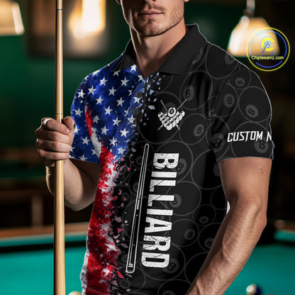 Grunge American Flag 8 Ball Pool Billiard Shirt For Men Custom Billiard Team Jersey Polo & 1/4 Zip TDM5891