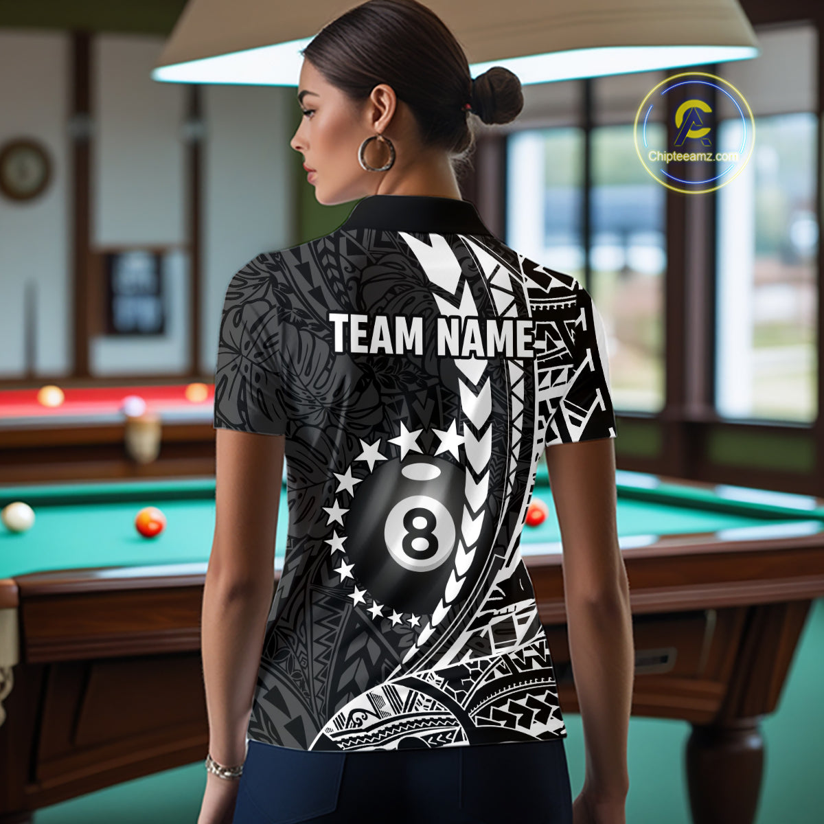 Woman wearing custom black and white 8 ball pool tribal billiard team jersey polo shirt featuring tribal artwork, back view.