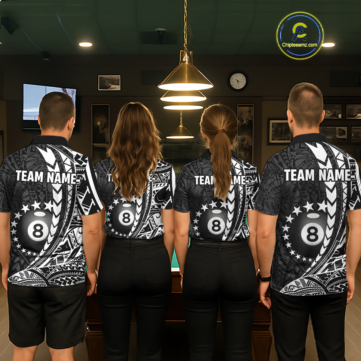 Billiard team wearing matching custom black and white 8 ball pool tribal team jerseys featuring detailed tribal graphics, back view.