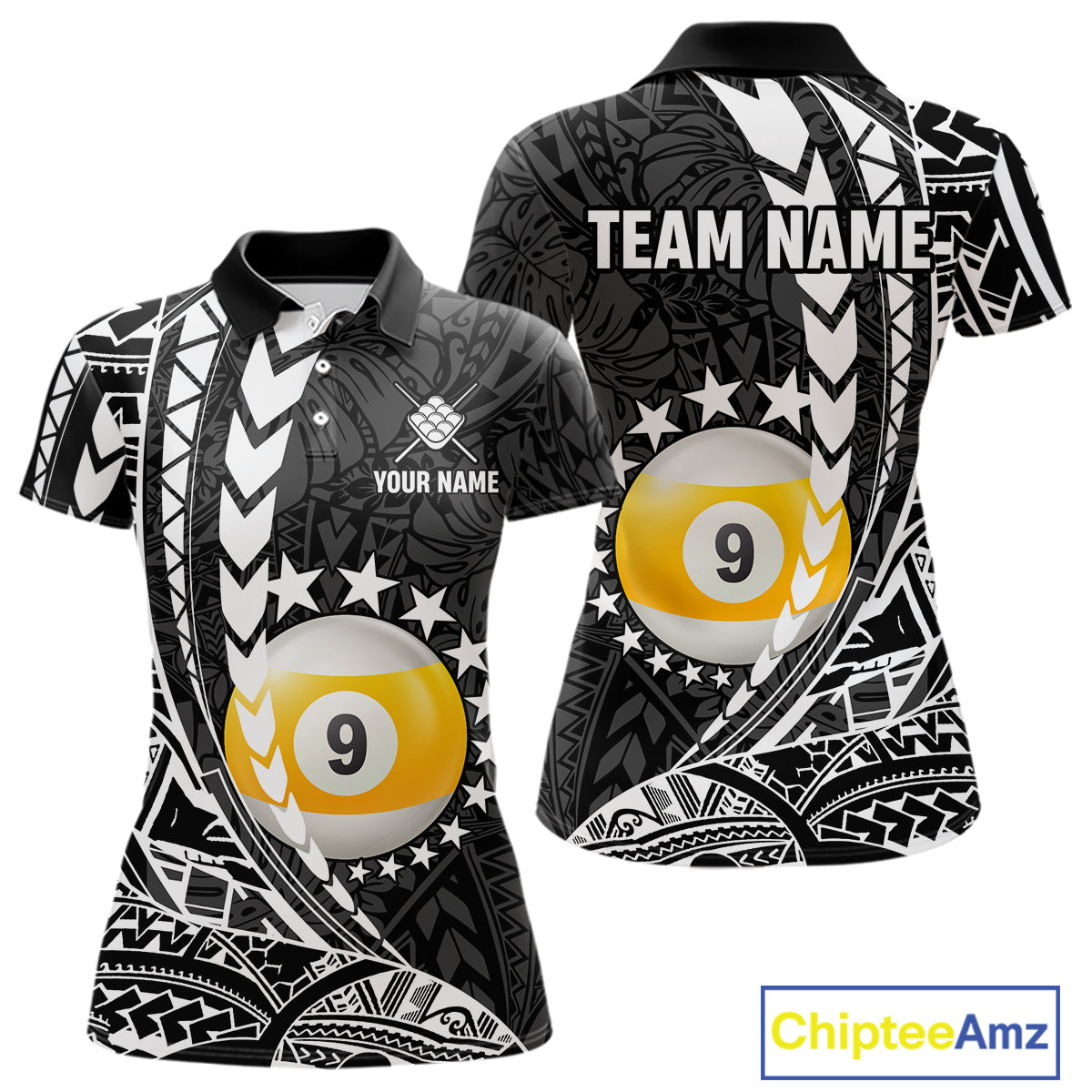 Custom black and white 9 ball pool tribal billiard team jersey polo shirt for women featuring detailed tribal artwork, premium custom pool league apparel for tournaments, league matches and competitive billiard teams.