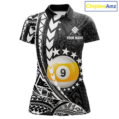 Custom black and white 9 ball pool tribal billiard team jersey polo shirt for women featuring detailed tribal artwork, premium custom pool league apparel for tournaments, league matches and competitive billiard teams.