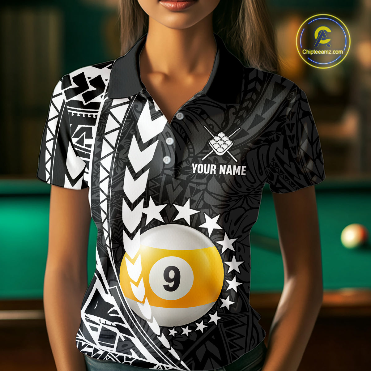 Woman wearing custom black and white 9 ball pool tribal billiard team jersey polo shirt featuring tribal artwork, front view.