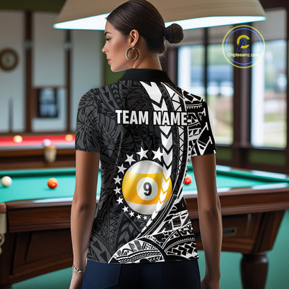 Woman wearing custom black and white 9 ball pool tribal billiard team jersey polo shirt featuring tribal artwork, back view.