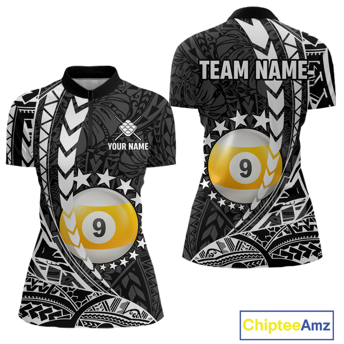 Custom black and white 9 ball pool tribal billiard team jersey quarter zip shirt for women featuring striking tribal graphics, premium billiard league apparel for tournament play.