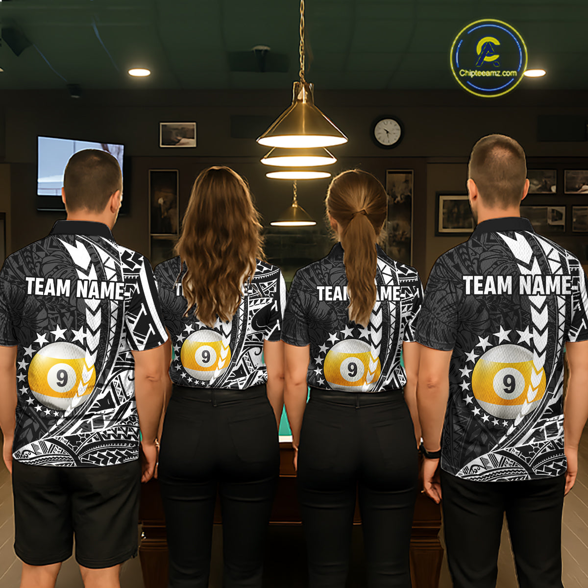 Billiard team wearing matching custom black and white 9 ball pool tribal team jerseys featuring detailed tribal graphics, back view.