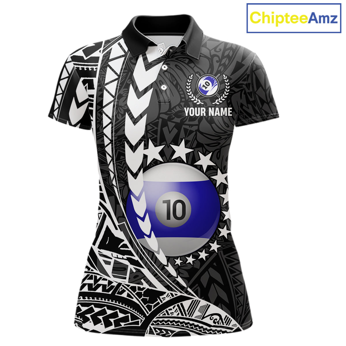 Custom black and white 10 ball pool tribal billiard team jersey polo shirt for women featuring detailed tribal artwork, premium custom pool league apparel for tournaments, league matches and competitive billiard teams.