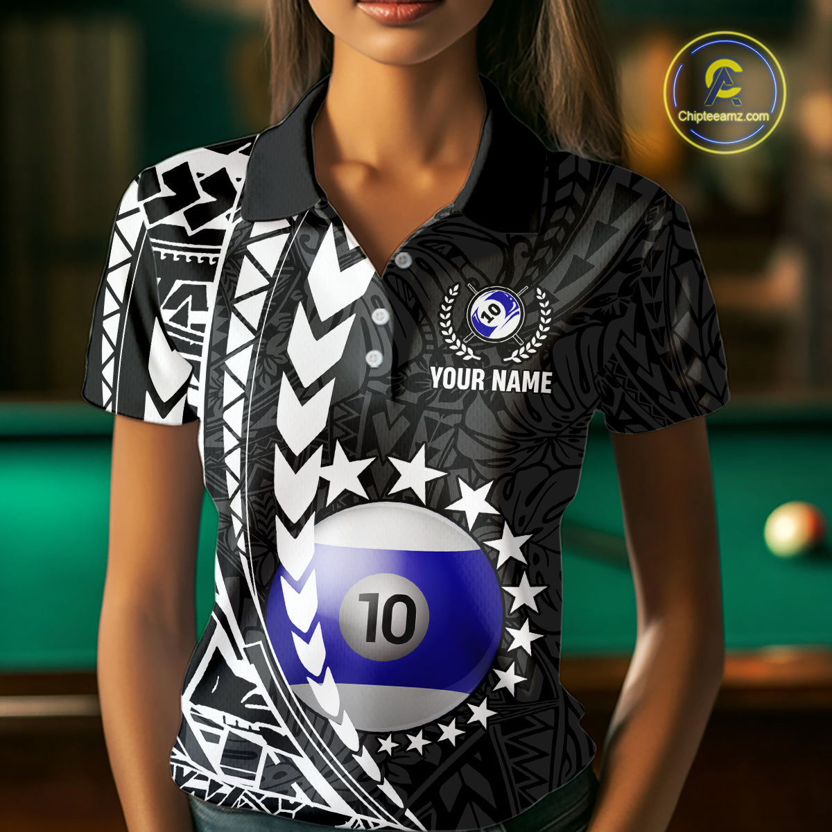 Woman wearing custom black and white 10 ball pool tribal billiard team jersey polo shirt featuring tribal artwork, front view.