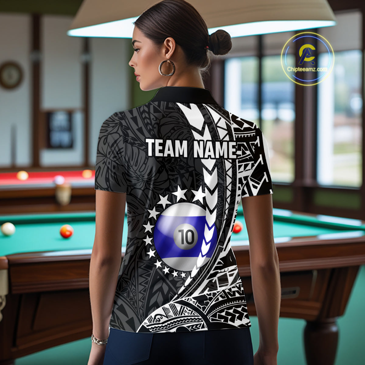 Woman wearing custom black and white 10 ball pool tribal billiard team jersey polo shirt featuring tribal artwork, back view.