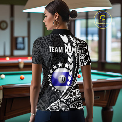 Woman wearing custom black and white 10 ball pool tribal billiard team jersey polo shirt featuring tribal artwork, back view.