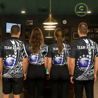 Billiard team wearing matching custom black and white 10 ball pool tribal team jerseys featuring detailed tribal graphics, back view.