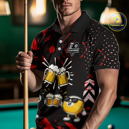 Man wearing black red funny beer 8 ball and 9 ball pool billiard team jersey polo shirt featuring the beer-themed artwork, front view.